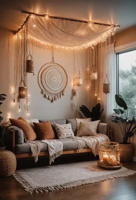 Aesthetic Hang Out Room Ideas, Orange Boho Living Room, Boho Chic Bedroom Ideas, Charlotte Aesthetic, Sala Zen, Boho Fans, Cozy Bohemian Living Room, Boho Chic Aesthetic, Zen Corner