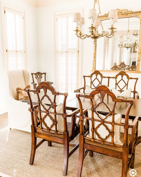 Chinese Chippendale Chairs Dining Room, Chippendale Chairs Dining Room, Neoclassic Dining Room, Chippendale Dining Room, Dining Mood Board, Chippendale Dining Chairs, Regency Home Decor, Chinese Chippendale Chairs, Bedroom Window Treatments