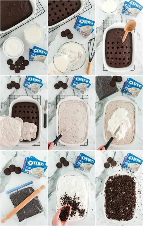 Chocolate Cake Oreo, Poke Cake Recipes Chocolate, Oreo Poke Cake Recipe, Oreo Poke Cake, Easy Oreo Cake, Oreo Cake Recipe, Snickers Dessert, Pudding Poke Cake, Cake Oreo