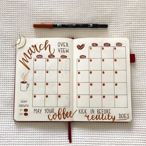 Jenn’s Bullet Journal on Instagram: “Coffee themed March calendar ☕️ Really struggled to fit quotes into my spreads this month so excuse the squish!! . . Inspo: @avacharlierose…” Coffee Bujo, Bullet Journal Month Page, Bullet Journal Calendar, Fit Quotes, September Monthly Spread Bullet Journal, Coffee Theme Bullet Journal, Bullet Journal November Spread, Month Spread Bullet Journal, March Calendar