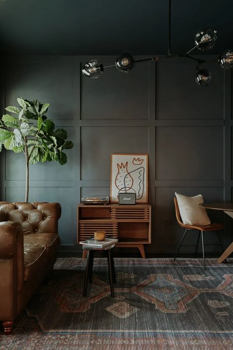 Grid Wall Living Room, Wall Paneling Ideas Office, Grid Wall Design, Navy Office Ideas, Office Feature Wall Ideas, Diy Grid Wall, Slat Wall Accent, Faux Fiddle Leaf Fig Tree, Navy Office