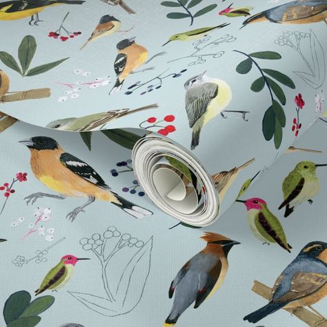 Peel And Stick Wallpaper With Birds, Peel And Stick Wallpaper Birds, Bird Wallpaper Blue, Birds And Thistle Wallpaper, Aviary Peel & Stick Wallpaper, Cottage Style Bathrooms, Flower Bird, Spring Wallpaper, Nature Birds