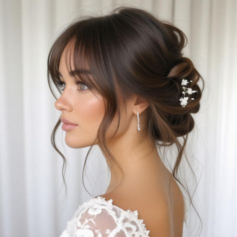 💫 Sophisticated Bridal Hair Half Up wedding hairstyles half up half down bangs | Glamorous Artform is the perfect choice for the modern bride seeking elegance and style. This stunning half-up, half-down hairstyle beautifully frames the face while keeping hair secure and sophisticated. Featuring soft waves and gentle bangs, it creates a romantic look that perfectly complements any gown. Whether you're going for a classic, bohemian, or contemporary vibe, this hairstyle adds a touch of glamour to your special day. Discover your dream bridal Contemporary Bridal Hair, Wedding Hairstyles Bun With Veil, Bridal Upstyles With Veil, Bridal Hair Buns Front Look, Elegant Bridal Hair Updo, Princess Bridal Hairstyles, Bride Hair Bangs, Wedding Hair For Bride With Veil Updo, Bridal Hair Down With Bangs