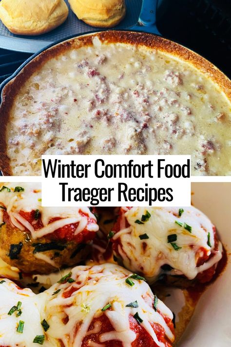 biscuits and gravy and meatballs Winter Smoker Recipes, Dinner On The Traeger, Traeger Christmas Recipes, Traeger Soup Recipes, Smoker Recipes Dinner, Traeger Dinner Recipes, Traeger Dinner Ideas, Traeger Casserole Recipes, Weeknight Traeger Meals