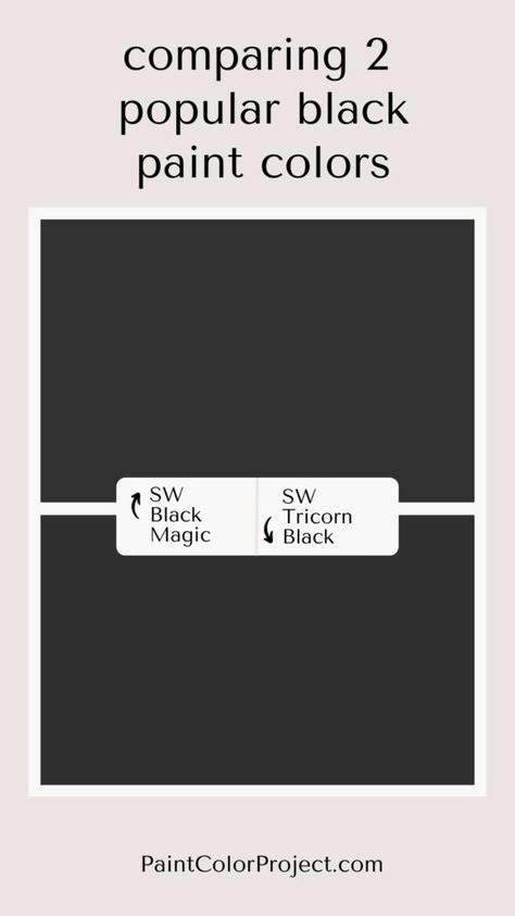 Looking for the perfect black paint color for your home? I’ve compared Black Magic vs Tricorn Black so you can find the right one for your space. Sw Black Magic Vs Tricorn Black, Tricorn Black Sherwin Williams Cabinets, Black Magic Vs Tricorn Black, Tricorn Black Color Palette, Sherwin Williams Black Magic, Sherwin Williams Tricorn Black, Sherwin Williams Black, Black Paint Colors, Green House Exterior