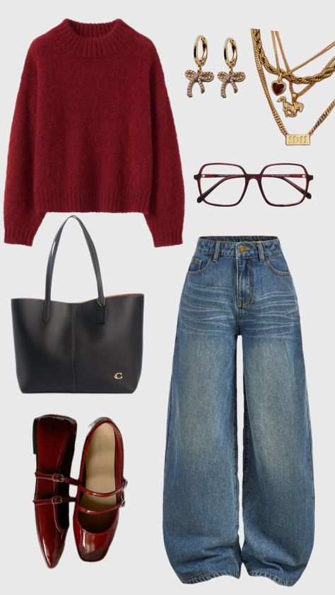 #outfitinspo#inspiration#falloutfit#burgundy Jeans Valentines Outfit, Outfits With Burgundy Purse, Red Sweaters Outfit, Outfits Ideas Layout, Sunday Outfit Ideas Winter, Burgandy Loafers Women Outfit, Red Sweater Winter Outfit, Burgundy Knit Sweater Outfit, Flats Winter Outfit