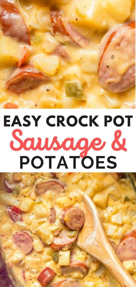 Crock pot sausage and potatoes is a delicious slow cooker family dinner recipe with juicy sausage and cheesy, creamy potatoes. There's nothing more satisfying than easy meals like this one! Simply prepare for lunch and dinner then set and forget until you're ready to eat! Check out the easy sausage American recipe HERE Kilbasa Sausage Recipes, Crockpot Sausage And Potatoes, Smoked Sausage And Potato Recipe, Crock Pot Sausage, Sausage Crockpot Recipes, Sausage Slow Cooker, Crockpot Sausage, Easy Sausage Recipes, Potatoes Healthy