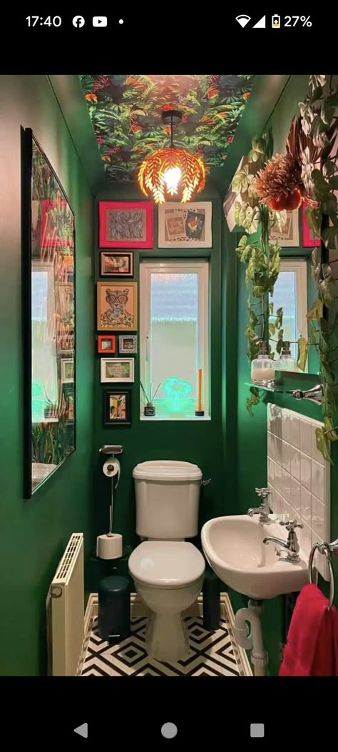 Funky Bathroom Ideas, Neon Bathroom, Maximalist Bathroom, Jungle Bathroom, Maximalism Interior, Toilet Closet, Funky Bathroom, Toilet Room Decor, Closet Bathroom