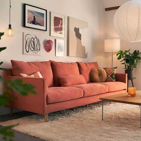 Coral Sofa, Orange Couch, Orange Sofa, Red Couch, Living Room Orange, Corner Sofa Set, Sofa Living, Comfortable Sofa, Living Room Inspo