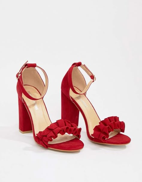 PrettyLittleThing ruffle block heeled sandals in red Red Heel Shoes, Red Block Heels, Red Sandals Heels, Shoes Heels Classy, Elegant Sandals, Red High Heels, Heels High, Heels Classy, Fresh Shoes