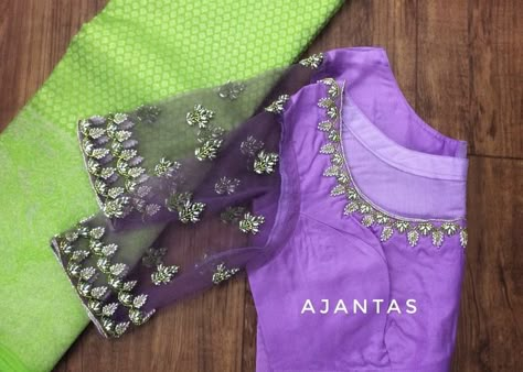 Silk Saree Netted Blouse Designs, Maggam Net Work Blouse Designs, Maggam Work On Net Hands, Net Blouse Work Designs, Net Maggam Work Blouse Designs, Maggam Work On Net Blouse, 2022 Blouse Designs, Maggam Work Net Blouse Designs, Net Work Blouse Designs