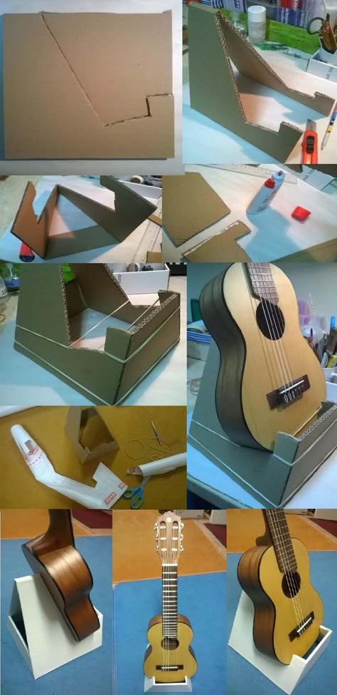 Diy Ukulele Stand, Ukelele Decoration Ideas, Guitar Holder Diy, Ukulele Decoration, Akordy Na Ukulele, Diy Guitar Stand, Ukulele Holder, Ukulele Diy, Guitar Decorations