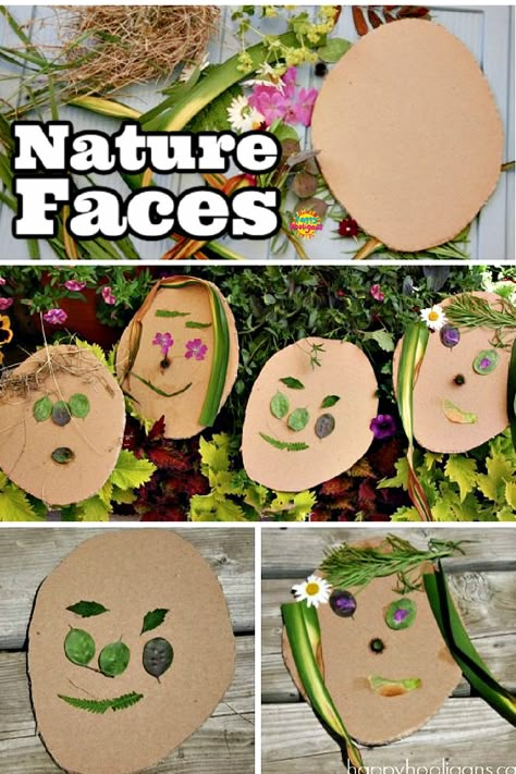 CARDBOARD FACES DECORATED WITH FLOWERS, LEAVES, GRASS Spring Activities For Kids Outdoor, All About Me Nature Activities, Natural Preschool Activities, Nature Ideas For Preschoolers, Nature Art And Craft For Preschool, Nature Faces Craft, Eyfs Nature Activities, Nature Activity For Preschool, Outdoor Art Activities For Kids