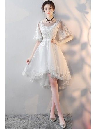 Elegant Knee-length High-low Party Dress, Chic Knee-length High Low Dress, White Hollow Out Knee-length Dress, Elegant White Asymmetrical Dress With High-low Hem, Elegant White Asymmetrical High-low Dress, High Low Party Dresses, Party Dresses With Sleeves, White Lace Shorts, Mini Prom Dresses