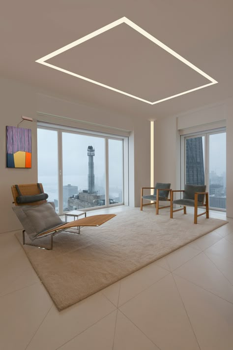 TruLine 1.6A adds depth and a point of focus to this modern space False Ceiling Living Room, House Ceiling Design, Ceiling Design Living Room, Cove Lighting, Ceiling Design Modern, Ceiling Design Bedroom, Modern Lighting Design, Ceiling Light Design, Ceiling Lights Living Room