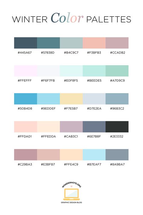 Need color inspiration? Check out these Color Palettes for Web, Digital, Blog & Graphic Design with Hexadecimal Codes by Wondernote. These winter color palettes are reminiscent of frost, dusty snow, and cold-weather skies. They will inspire your next design -- whether it's a blog layout, branding, interior decorating, or greeting card design. I've hand-selected 5 unique colors that play well together and look great. Winter Pallete Colors, Digital Greeting Cards Design, Winter Color Palette With Hex Codes, Pastel Winter Color Palette, January Color Palette Hex Codes, Winter Hex Codes, Color Palette For Notes, Hex Code Color Palette Google Calendar, Google Color Codes