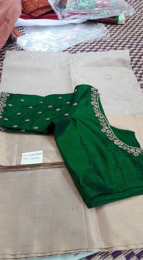 kora silk cotton with dupion designer blouse - Tanvika Saree - 9047090885 | Unique blouse designs, Green blouse designs, Blouse designs Simple Blouse Work Designs For Silk Sarees, Silk Saree Blouse Embroidery Designs Simple, Green Blouse Simple Work Designs, Cotton Blouse Embroidery Designs, Work On Silk Blouses, Silk Cotton Sarees Blouse Designs, Embroidery Blouse Designs For Silk Saree, Designer Blouse Work Designs, Silk Saree Blouse Designs With Work