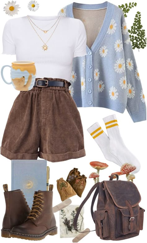 Yellow Outfit Inspiration, Cottage Casual Outfit, Character Based Outfits, Fairytale Style Outfit, Cute Ice Cream Date Outfits, Cute Forest Outfits, Fairycore Everyday Outfit, Cutesy Summer Outfits, How To Style Brown Shorts