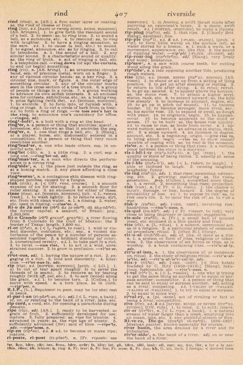 FREE vintage dictionary page! Letter R, full text, rind-riverside. Perfect for DIY and craft projects! #vintage #vintagebookpage #dictionarypage #vintagedictionary | https://www.roseclearfield.com Book Page Wall, Page Wall, Papel Vintage, Free Vintage Printables, Vintage Text, Dictionary Page, Vintage Newspaper, Vintage Dictionary, Old Book Pages