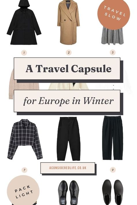 A Winter Travel Capsule Wardrobe for Europe 3 Week Capsule Wardrobe Winter, Winter Europe Travel Outfits Capsule Wardrobe, Europe Capsule Wardrobe Winter, Capsule Fall Travel Wardrobe, Capsule Wardrobe 2 Weeks Europe, Minimalist Travel Wardrobe Winter, 2 Week Capsule Wardrobe Travel Packing Winter, Spain Winter Outfits Packing Lists, Winter Europe Capsule Wardrobe