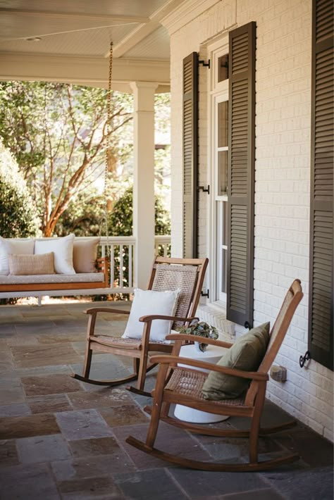 Front Patio Rocking Chairs, Front Porch Two Chairs, Wooden Rocking Chairs Front Porch, Outdoor Furniture For Front Porch, Craftsman Front Porch Furniture, Small Front Porch Patio Furniture Ideas, Outdoor Rockers Rocking Chairs, Outside Rocking Chair, Style A Front Porch