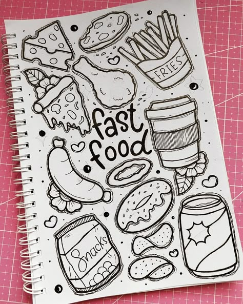 Doodle Art Of Food, Doodle Art Food Ideas, Food Drawing Sketches Doodles, Foods Drawing Easy, Cute Stickers Ideas Drawing, Fast Food Doodles, Drawing Ideas Easy Food, Food Doodles Aesthetic, Doodle Food Art