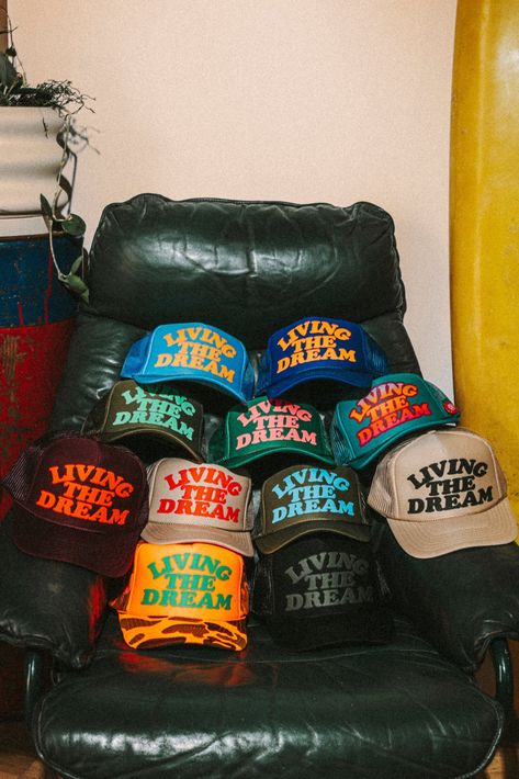 Living The Dream Trucker Trucker Cap Aesthetic, Hats For Men Trendy, Cap Photoshoot, Trucker Hats With Patches, Trucker Hat Aesthetic, Hat Packaging, Merch Hat, Trucker Hat Designs, Trendy Trucker Hats