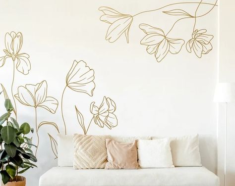 LilinMomo - Etsy Accent Wall Floral, Floral Line Drawing, Minimal Line Drawing, Floral Wall Decals, Focal Wall, Bedroom Artwork, Floor Decal, Wall Drawing, Corner Wall