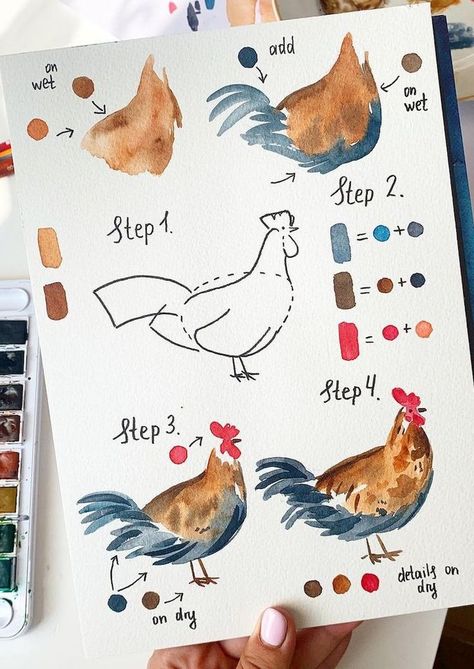 Chicken Drawing Watercolor, Watercolor Painting Refrences, Easy Watercolor Chicken, Chicken Watercolour Painting, Watercolor Art Chicken, Cool Watercolor Ideas Illustrations, Watercolor Illustration Animals, Things To Paint In Watercolor, Watercolor Rooster Tutorial