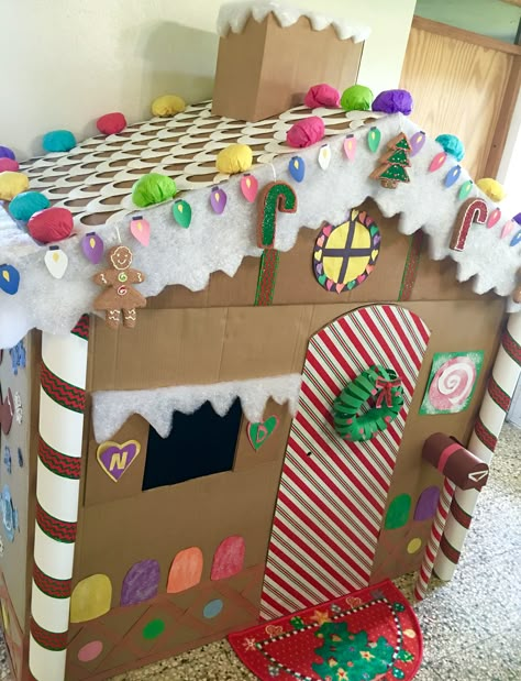 Giant gingerbread house. ❄️ Giant Cardboard Gingerbread House, Gingerbread Playhouse, Giant Gingerbread House, Cardboard Gingerbread, Diy Christmas Decorations Dollar Store, Cardboard Gingerbread House, Ginger Bread House Diy, Gingerbread House Template, Dollar Store Christmas Decorations