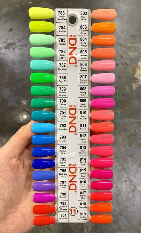 Dnd Gel Polish 713, Bright Colors For Nails, Bright Dnd Gel Polish Colors, Acrylic Nails Neon Colors, Colors Of Nails, Dnd Gel Polish 808, Dip And Duo Nail Colors, Dnc Nail Colors Gel Chart, Gel Nail Color Palette