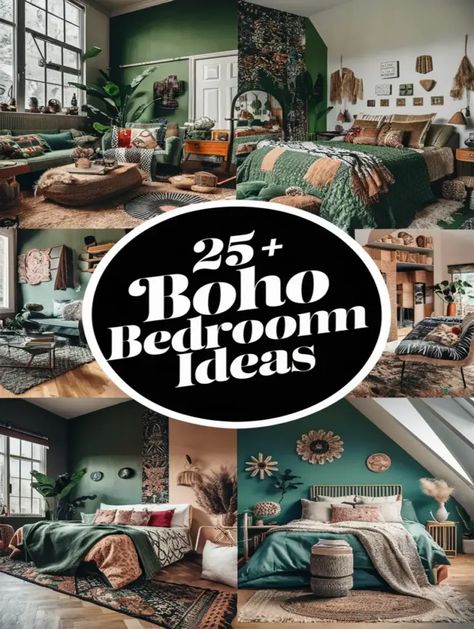 Emerald Green Bedding Boho, Green Wall Boho Bedroom, Boho Bedroom Dark Furniture, Dreamy Boho Bedroom, Boho Cottagecore Bedroom, Boho Plant Bedroom, Boho Green Bedroom, Boho Jungle Bedroom, Female Bedroom Ideas