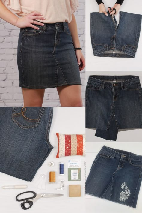 How To Make A Jean Skirt Out Of Jeans Diy, Diy Jeans Upcycle Skirts, How To Turn Denim Jeans Into A Skirt, Turn Jeans To Skirt, Diy Denim Skirt From Jeans How To Make, Free Denim Skirt Pattern, Making A Denim Skirt From Jeans, How To Turn A Pair Of Jeans Into A Skirt, Jean Skirt Out Of Old Jeans