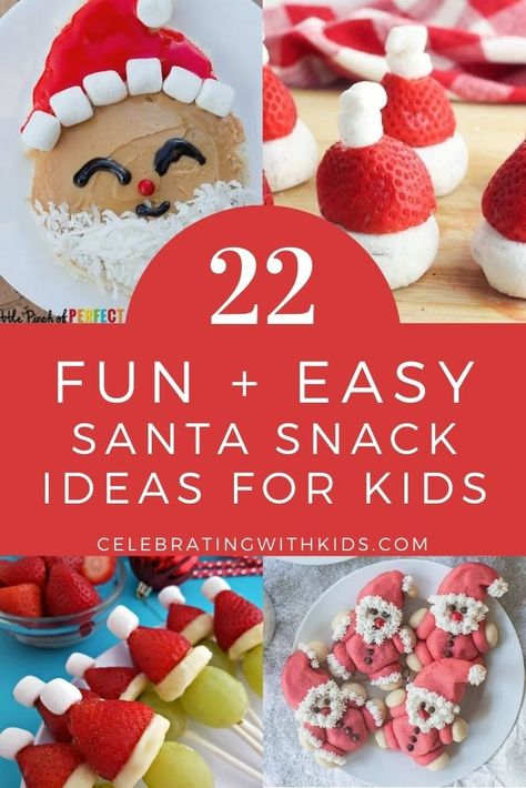 If you are trying to get your kids into the Christmas spirit, start with their food! Here are a ton of Santa themed snacks to make for kids! Santa Snacks For Kids, Classroom Christmas Party Food, Christmas Fruit Snacks, Santa Desserts, Preschool Christmas Party, Santa Breakfast, Christmas Snacks Easy, Healthy Christmas Snacks, Classroom Christmas Party