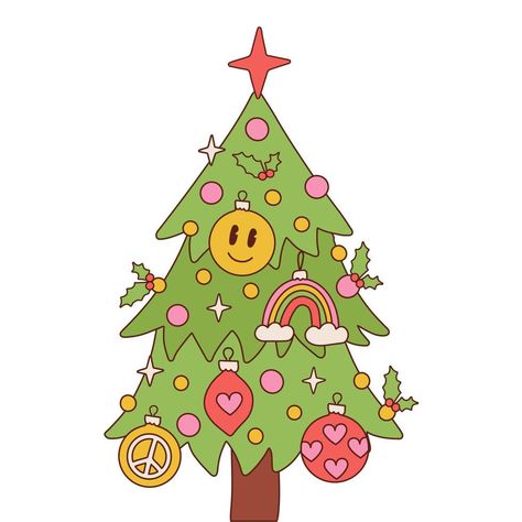 Groovy Christmas Ornaments, Groovy Christmas Wallpaper, Cute Christmas Tree Drawing, Retro Christmas Wallpaper, Retro Groovy Aesthetic, Retro Christmas Aesthetic, Groovy Illustration, Vintage Christmas Trees, Festive Illustration