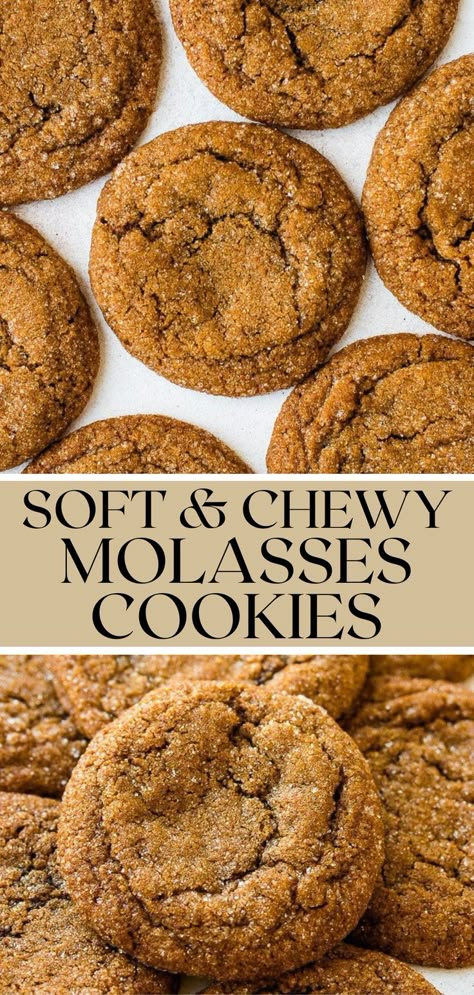 These super soft and chewy molasses cookies have the perfect gooey texture, are lightly spiced, and make a delicious snack especially during the holidays! Spice Cookie Recipes, Molasses Recipes, Chewy Molasses Cookies, Molasses Cookies Recipe, Chewy Gingerbread Cookies, Ginger Molasses Cookies, Festive Cookies, Molasses Cookies, Ginger Cookies