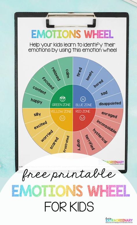 Printable Emotion Wheel for Kids - Use this emotion wheel to help your kids learn to identify their emotions. Based on the Zones of Regulation. // #TeachingResources #ZonesOfRegulation #SpecialEd Wheel Of Emotions, Teach Feelings, List Of Emotions, Emotion Regulation, Zones Of Regulation, Emotions Wheel, Feelings Wheel, Healthy Coping Skills, Behaviour Management