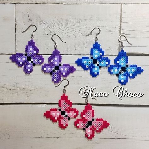 Melty Bead Earrings, Pyssla Earrings, Hama Beads Patterns Butterfly, Perler Bead Butterfly Earrings, Perler Bead Earrings Patterns, Perler Beads Butterfly, Pearler Bead Butterfly Pattern, Butterfly Perler Beads, Earring Perler Beads