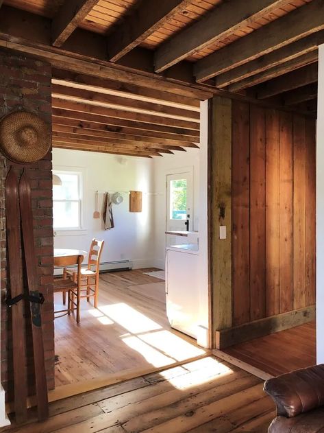 Homestedt: Two Catskills Cabins by a Nature-Minded Design Couple (Available to Rent) - Remodelista Cabin Tile Floor, Catskills Aesthetic, Catskills Home, Catskill Pine Flooring Lowes, Reclaimed Wood Countertop, Catskill Mountains New York, Catskill Resorts, Penny Tile Floors, Valley House