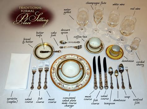 Before we can dive into the finer points of dining etiquette, it’s important to know the tools of the trade: the place setting. While most of what I share with you will be for somewhat informal occasions, you should know that formal place settings have up to 13 pieces of flatware! Talk about confusing! Casual Place Setting The typical place ... Table Setting Etiquette, Emily Post, Table Etiquette, Royal Table, Silver Display, Tea Bread, Kitchen Guide, Dining Etiquette, Fish Platter