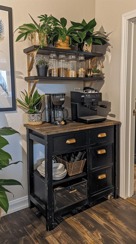 35+ Coffee Bar Ideas For Your Home Coffee Breakfast Bar Tea Station, Coffee And Juice Bar Ideas At Home, Cute Decor For Apartments, Home Cafe Ideas Small Spaces, Black And Wood Coffee Bar, Little Coffee Bar Ideas, Cube Shelf Coffee Bar, Coffee Closet Ideas, Black Coffee Corner