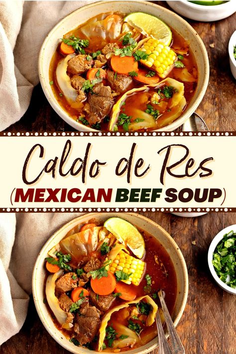 Try caldo de res to warm up from the inside out! This Mexican beef soup is full of beef, veggies, tomatoes, and tasty garnishes. You'll love it! 30 Min Soup, Mexican Steak Soup Recipes, Spanish Beef Soup, Beef Caldillo Recipe, Mexican Caldo De Rez Recipe, Beef Caldo Mexican Recipe, Mexican Crockpot Soup, Caldo Soup Recipes, Healthy Mexican Soup Recipes