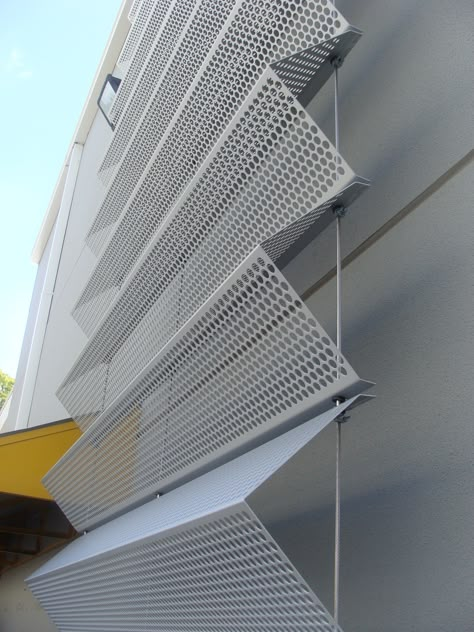 #atmosphere #testinstallation #solarshading #tensionedfacade Sun Shading Facade, Metal Screens Architecture, Metal Panels Facade, Panel Facade, Perforated Metal Panel, Perforated Panel, Exterior Wall Cladding, Wall Cladding Panels, Cladding Design