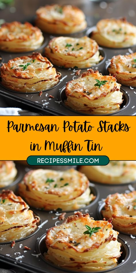 These Parmesan Potato Stacks are a crispy, cheesy delight that make the perfect side dish or appetizer. Made with thinly sliced russet potatoes, melted butter, fresh garlic, and Parmesan cheese, they are baked to perfection in a muffin tin. The result is a golden, crispy exterior with a soft and flavorful interior, making them a guaranteed crowd-pleaser. Whether you're hosting a dinner party or enjoying a weeknight meal, these Parmesan Potato Stacks will impress every time. Gruyere And Ham Potato Stacks, Different Side Dishes Dinners, Cheesy Potatoes In Muffin Tin, Potato’s In Muffin Pan, Stacked Roasted Potatoes, Parmesan Stacked Potatoes, Garlic Stacked Potatoes, Muffin Tin Potatoes Gratin, Side Dishes For A Dinner Party