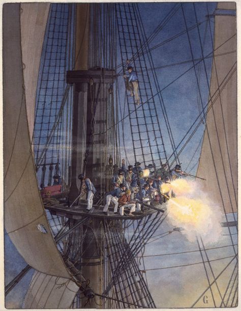 Print from aquarelle. Cover Art for Boarders Away II - Firearms of the Age of Fighting Sail, by William Gilkerson, Andrew Mowbray/Publishing.