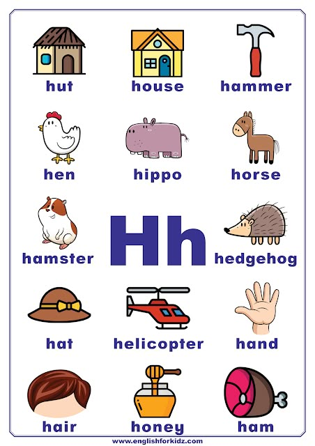 Letter H Worksheets, Flash Cards, Coloring Pages. English alphabet for kids. Letter H words. English Flash Cards, Letter H Kindergarten, Letter H Worksheets Kindergarten, H Worksheets For Preschoolers, Letter H Flashcards, Letter H For Preschoolers, Four Letter Words For Kids, H Is For, Letter H Words