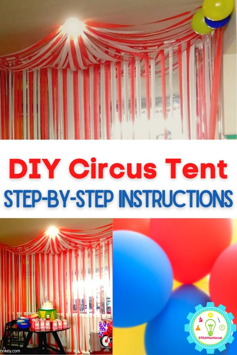 How To Make A Circus Tent Diy, Circus Tent Diy Plastic Tablecloth, Circus Theme Party Activities, Streamer Circus Tent, Carnival Party Balloons, Carnival Tent Diy Plastic Tablecloth, Carnival Big Top Diy, Diy Circus Backdrop, Diy Carnival Tent Big Top