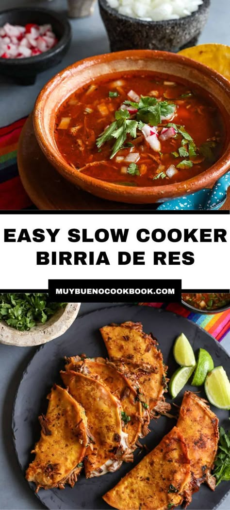 Making Birria de Res at home is an easy way to pump up the flavor for any number of celebrations. Try this trendy authentic Mexican recipe from Muy Bueno Cookbook in your Crock Pot. This recipe can be eaten as either new-world tacos or old-world stew. There is slow-cooked beef and a homemade red sauce. So, you can choose which way you want to serve it! Argentina Recipes Authentic, Slow Cooker Birria, Homemade Red Sauce, Mexican Birria, Beef Birria Recipe, Stew Slow Cooker, Recetas Salvadorenas, Recetas Puertorriqueñas, Birria Tacos