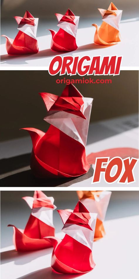 This guide will teach you how to fold a super cute origami fox. This fox features realistic details that make it look like a miniature version of a real fox, like its adorable face, pointed ears, and fluffy tail. Mini Origami Tutorials, Fox Origami, Origami Phoenix Tutorial, Fox Paper Craft, Fox Origami Easy, Oragami Fox, Origami Lion Tutorial, Origami Snake, Origami Shark