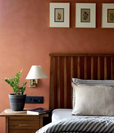 Terra Cotta Limewash Paint, Sienna Wall Color, Benjamin Moore Baked Terra Cotta, Terra Cotta Ceiling, Valspar Terra Cotta Paint Colors, Baked Terra Cotta Benjamin Moore, Terra Cotta Walls Bedroom, Terracotta Color Bedroom, Terra Mauve Benjamin Moore